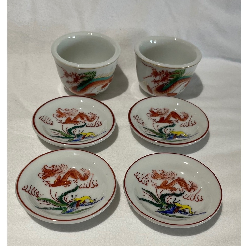 Vintage Chinese Porcelain Dragon Phoenix Tea Cup and Saucer Set of 6 Handpainted